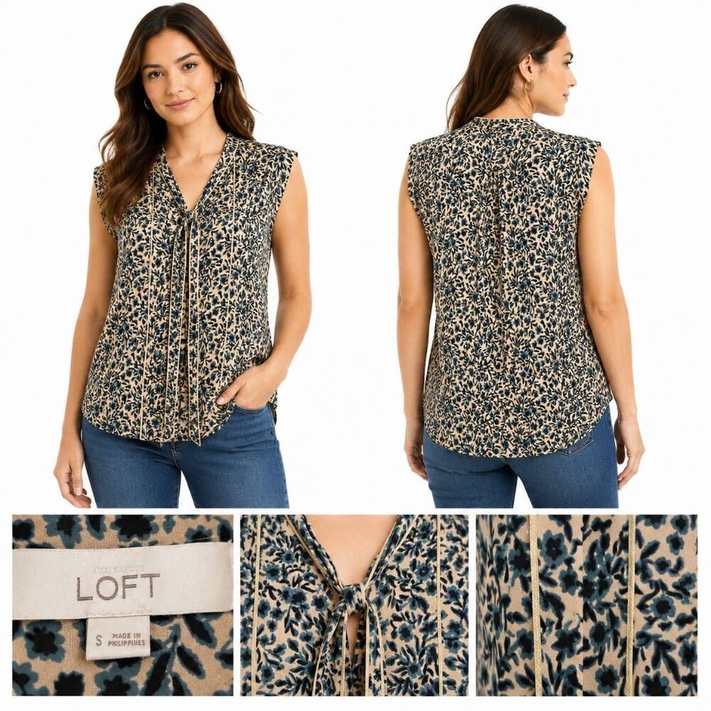 LOFT Floral Sleeveless Blouse Small Blue Cream